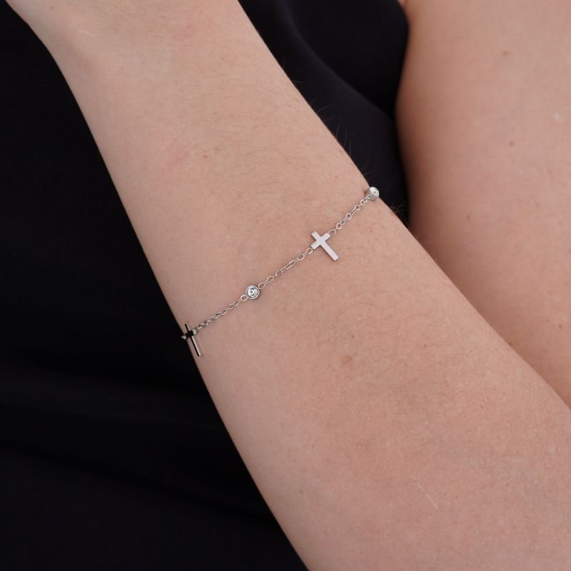Pulseira Cruz com Zircônia em Aço Inox (Linha Premium)