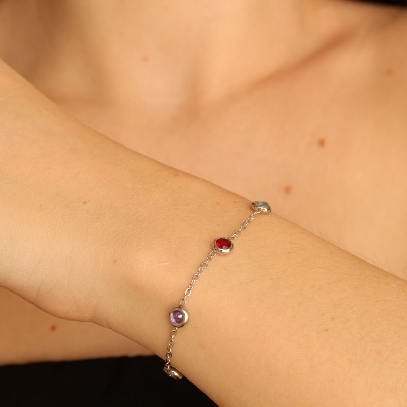 Pulseira Delicada com Pedrinhas Coloridas em Aço Inox