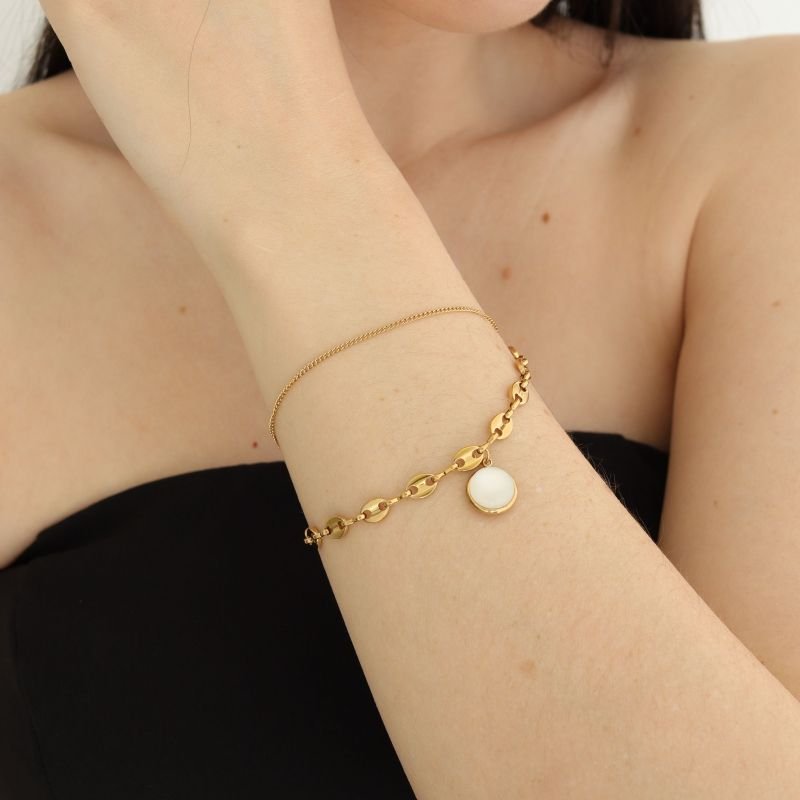 Pulseira Duo Chain White Stone em Aço Inox (Linha Premium)