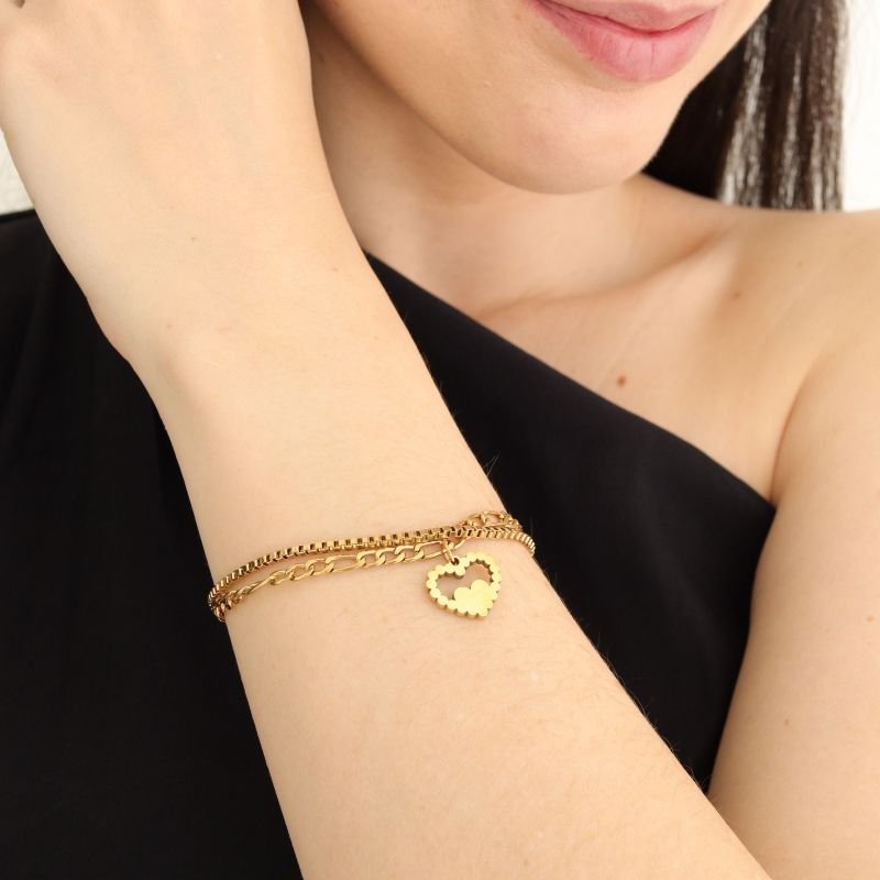 Pulseira Dupla com Coração em Aço Inox (Linha Premium)