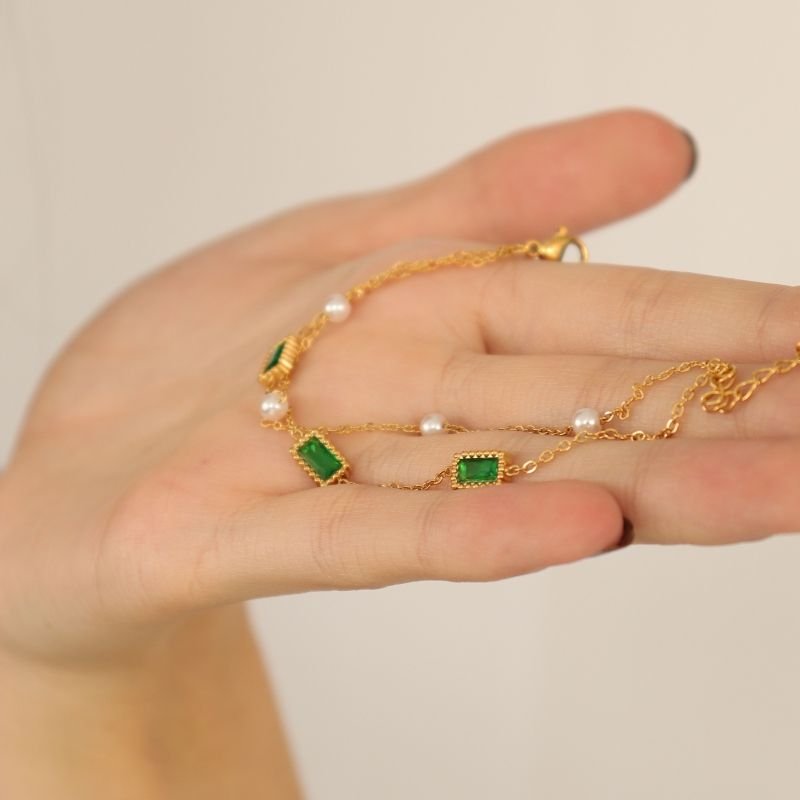 Pulseira Dupla com Pedrinhas em Aço Inox (Linha Premium)