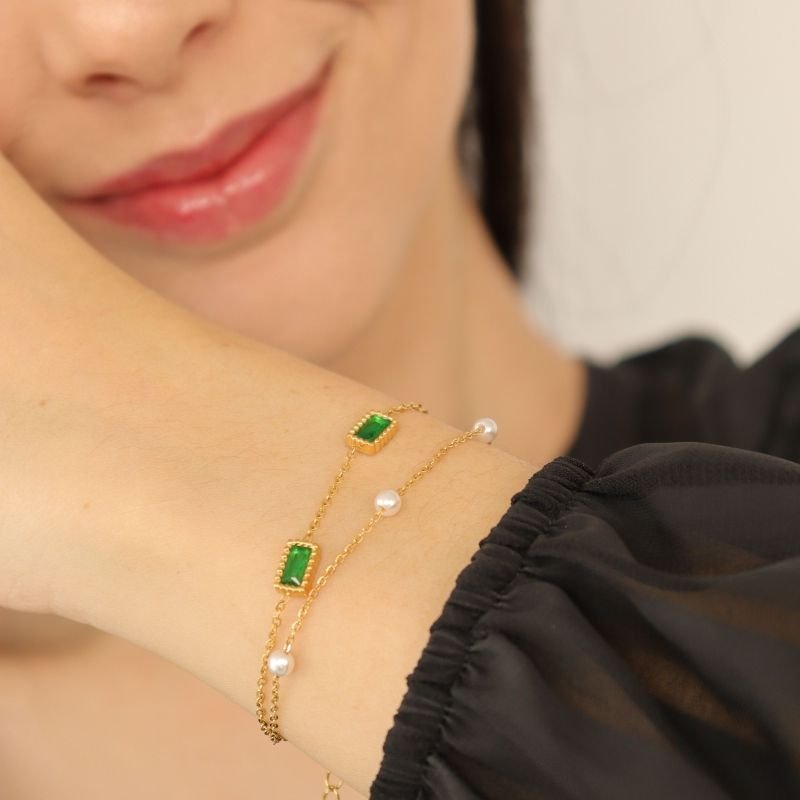 Pulseira Dupla com Pedrinhas em Aço Inox (Linha Premium)