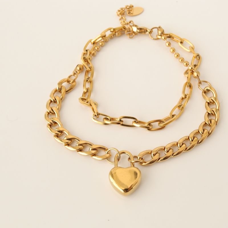 Pulseira Dupla Corrente Coração em Aço Inox (Linha Premium)