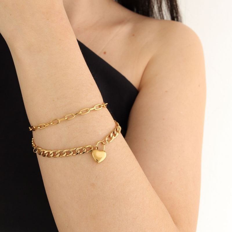 Pulseira Dupla Corrente Coração em Aço Inox (Linha Premium)