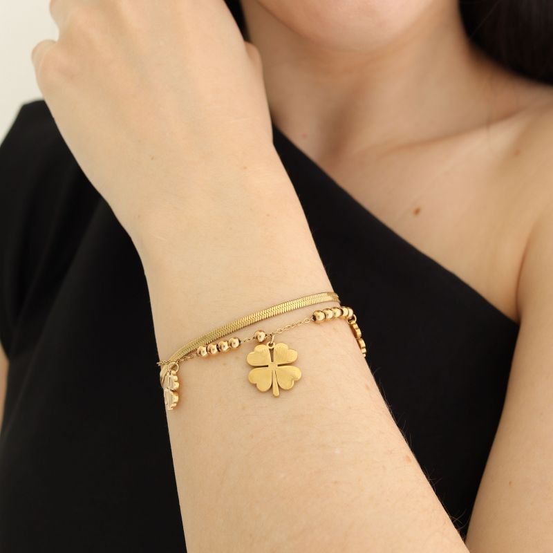 Pulseira Dupla de Trevo em Aço Inox (Linha Premium)