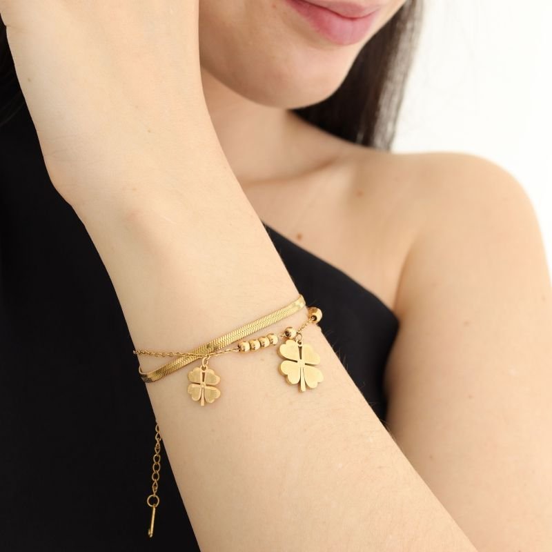 Pulseira Dupla de Trevo em Aço Inox (Linha Premium)