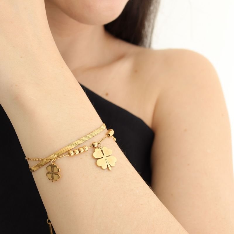 Pulseira Dupla de Trevo em Aço Inox (Linha Premium)