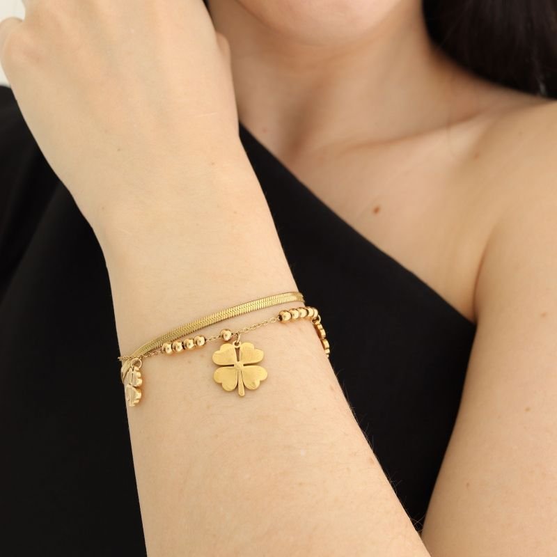 Pulseira Dupla de Trevo em Aço Inox (Linha Premium)