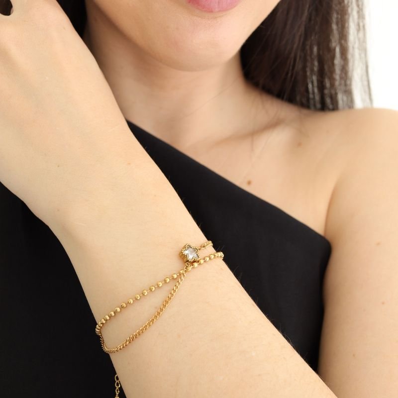 Pulseira Dupla Flor Pedrinha em Aço Inox (Linha Premium)