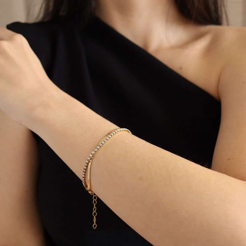 Pulseira Dupla Laminada e Riviera em Aço Inox (Linha Premium)