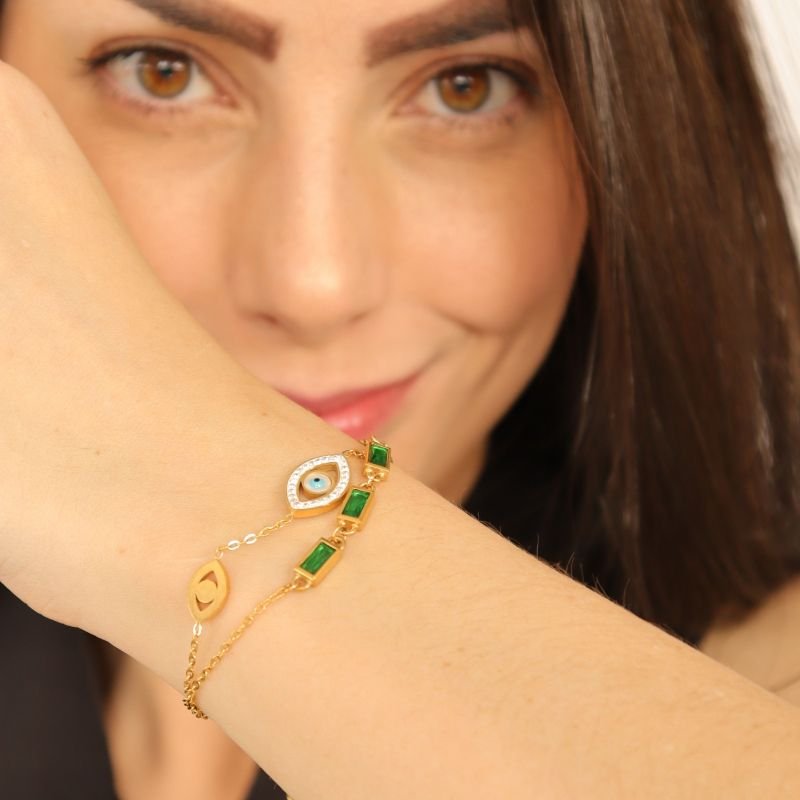 Pulseira Dupla Olho Grego em Aço Inox (Linha Premium)