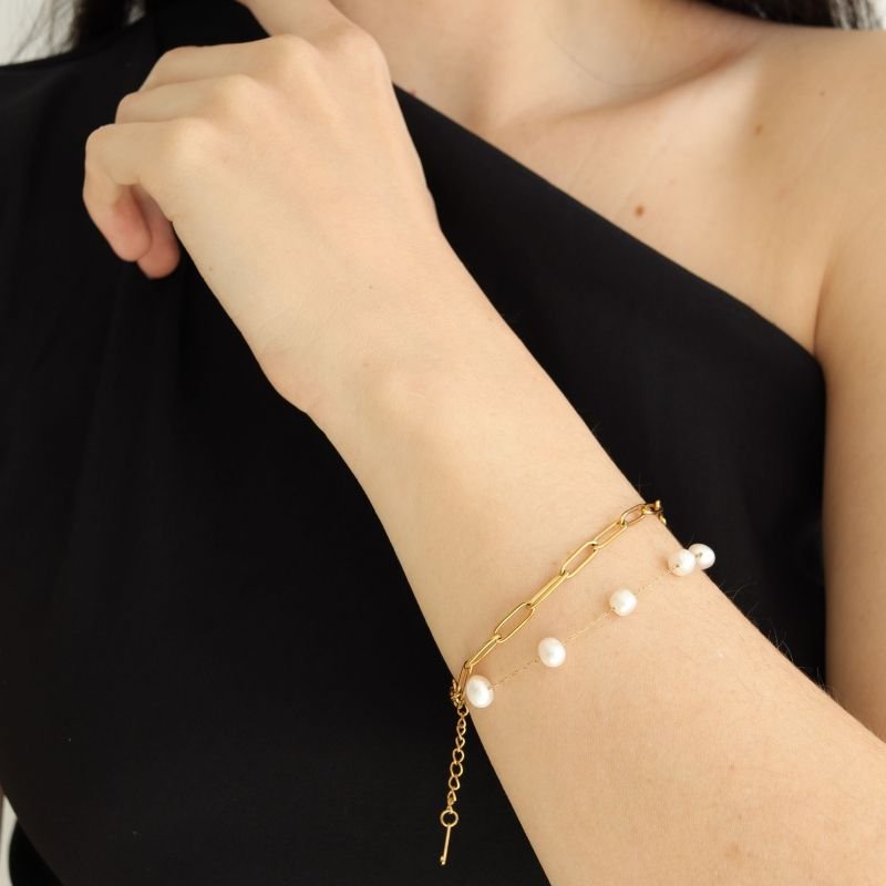Pulseira Dupla Pérolas em Aço Inox