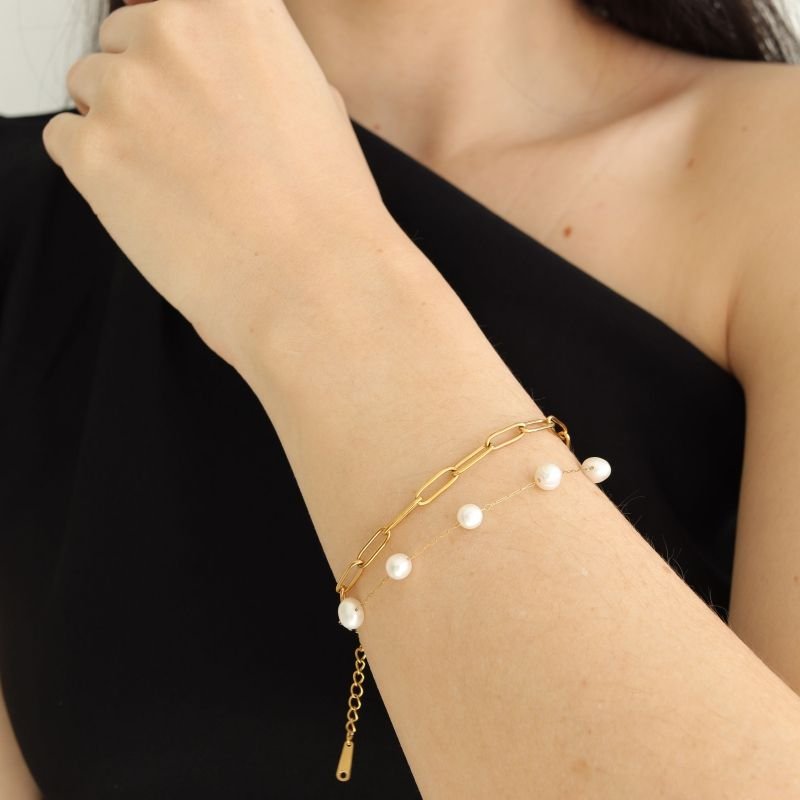 Pulseira Dupla Pérolas em Aço Inox