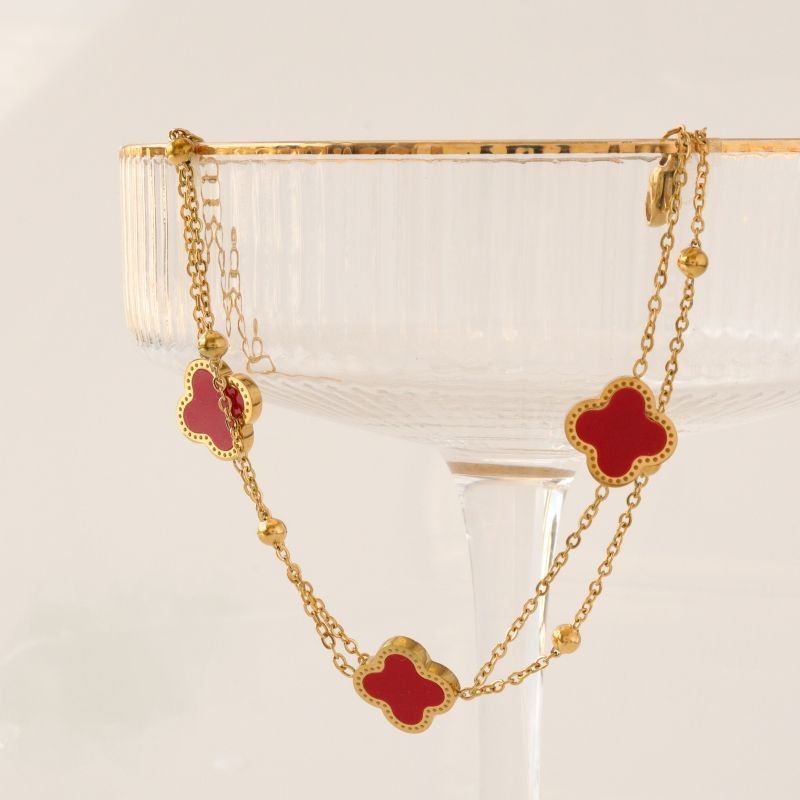 Pulseira Dupla Inspiração Van Cleef Vermelha em Aço Inox (Linha Premium)