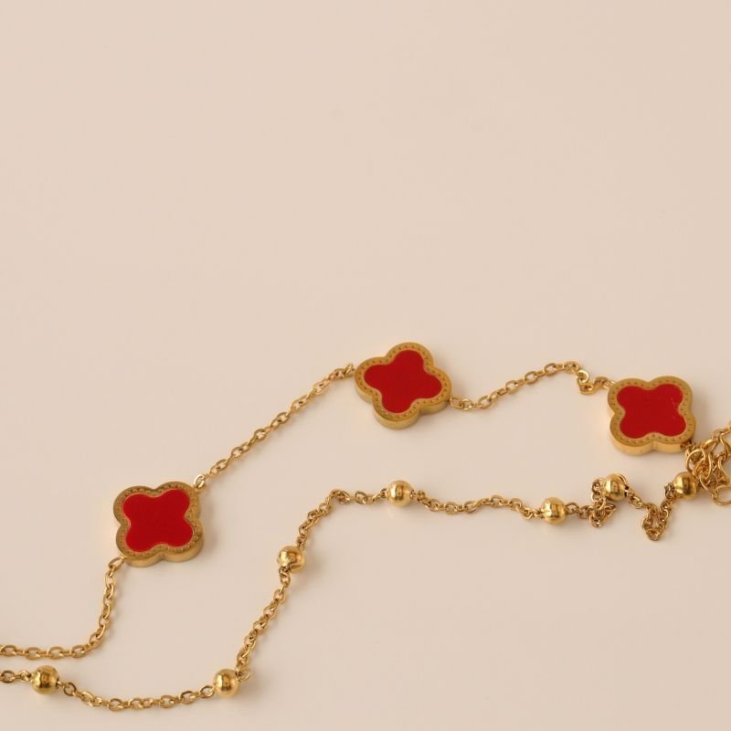 Pulseira Dupla Inspiração Van Cleef Vermelha em Aço Inox (Linha Premium)