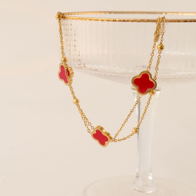 Pulseira Dupla Inspiração Van Cleef Vermelha em Aço Inox (Linha Premium)