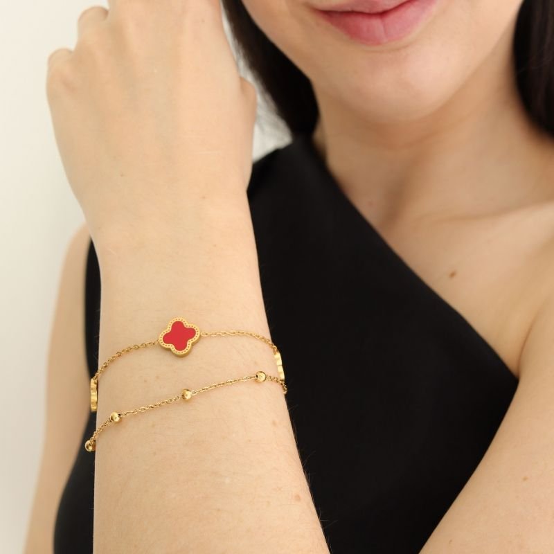 Pulseira Dupla Inspiração Van Cleef Vermelha em Aço Inox (Linha Premium)