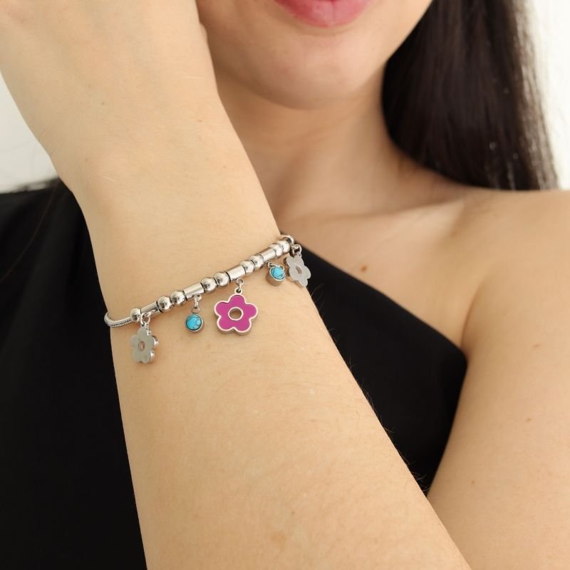 Pulseira Estilo Pandora Flor em Aço Inox (Linha Premium)