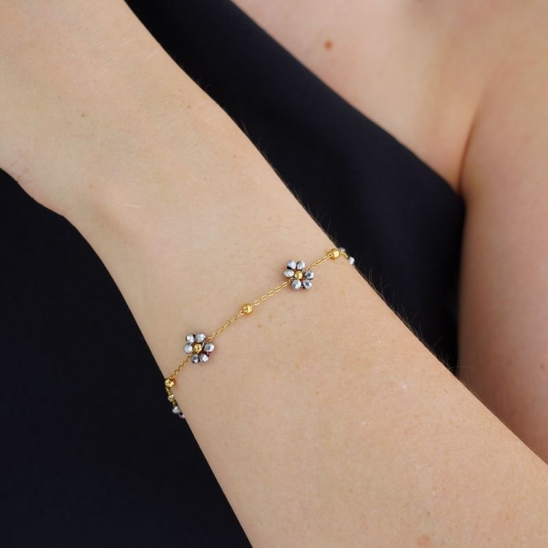 Pulseira Flower Gray Stone em Aço Inox (Linha Premium)