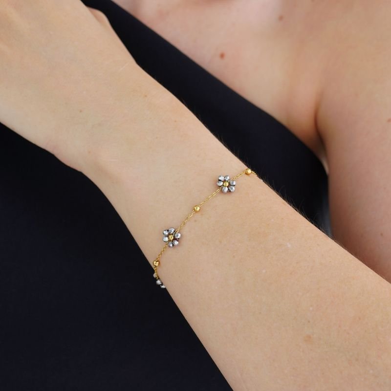 Pulseira Flower Gray Stone em Aço Inox (Linha Premium)