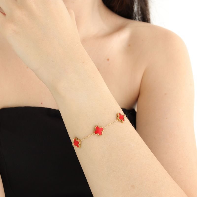 Pulseira Inspiração da Van Cleef Vermelha em Aço Inox