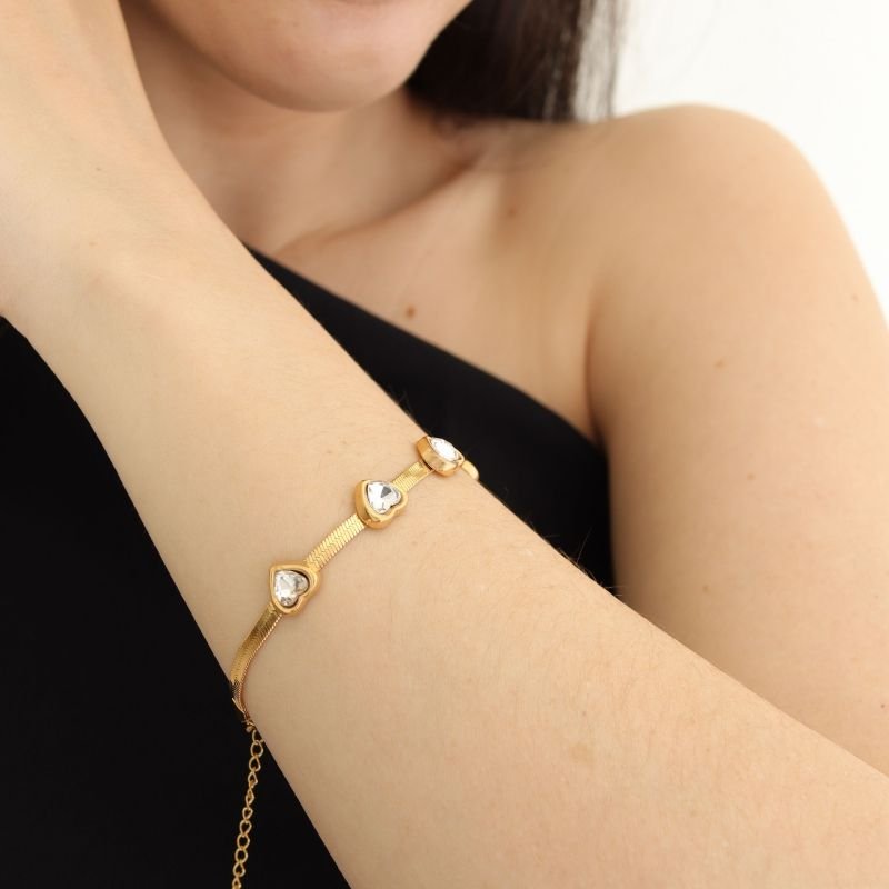 Pulseira Laminada com Coração Cristal em Aço Inox (Linha Premium)