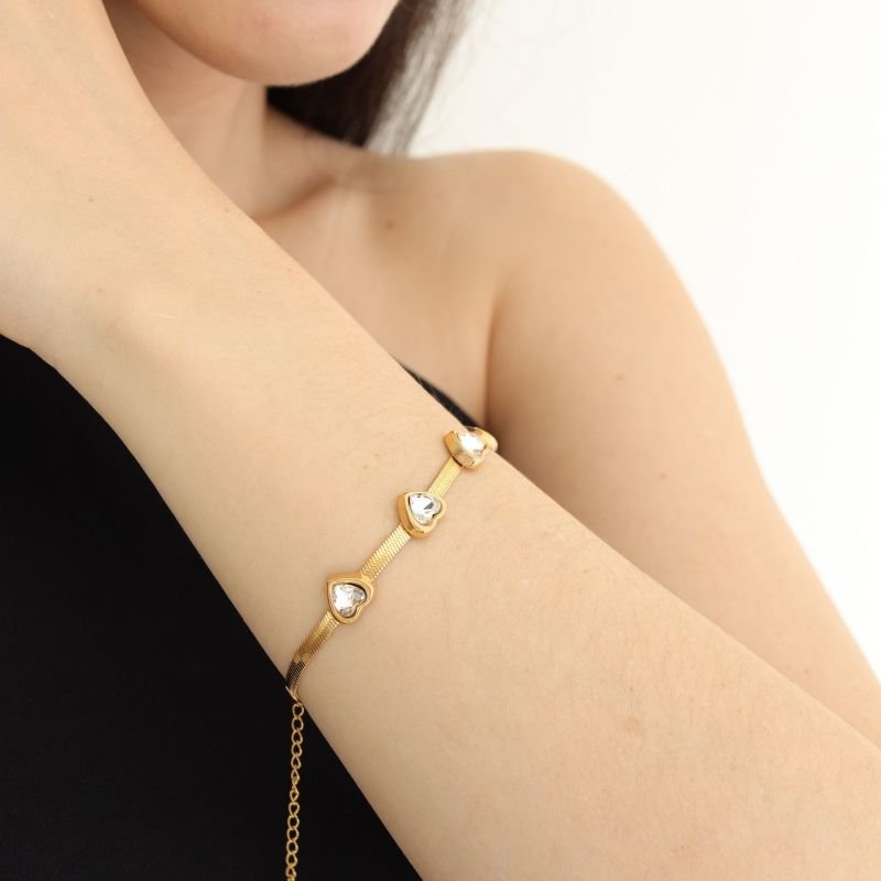 Pulseira Laminada com Coração Cristal em Aço Inox (Linha Premium)