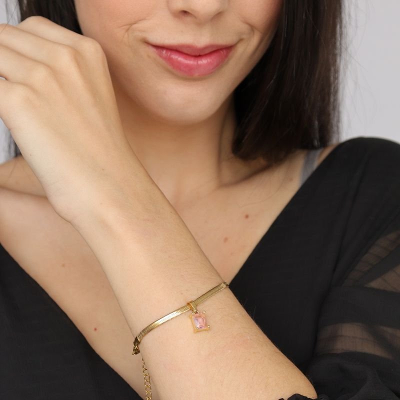 Pulseira Laminada com Pedrinha Aço Inox (Linha Premium)