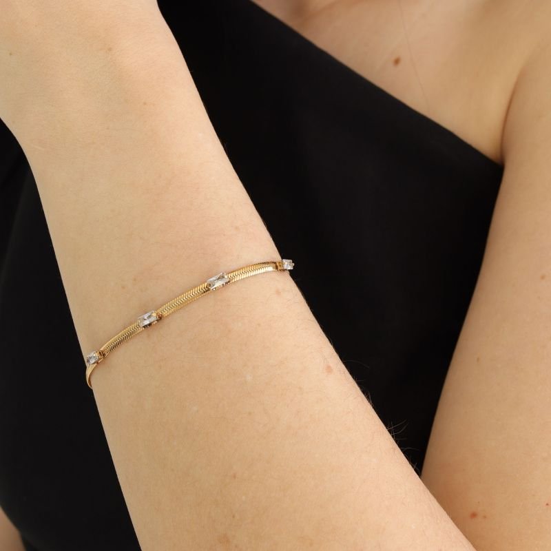 Pulseira Laminada com Pedrinhas em Aço Inox (Linha Premium)