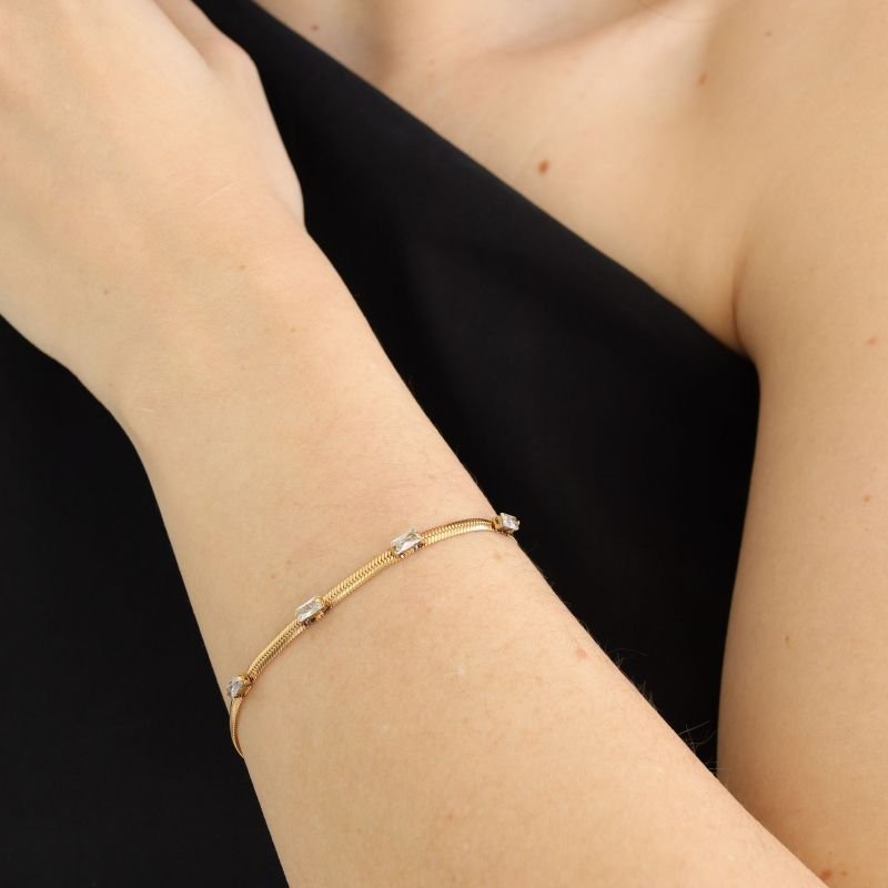 Pulseira Laminada com Pedrinhas em Aço Inox (Linha Premium)