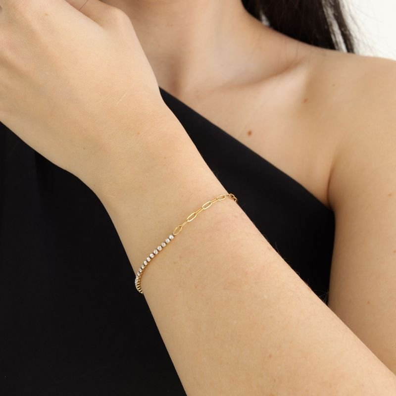 Pulseira Metade Corrente e Riviera em Aço Inox (Linha Premium)