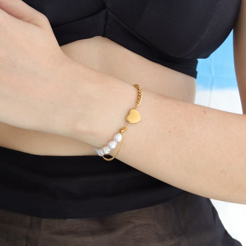 Pulseira Modern Heart & Pearls em Aço Inox (Linha Premium)