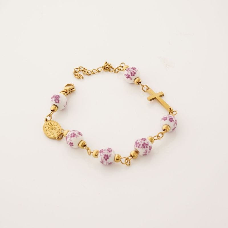 Pulseira Nossa Senhora e Cruz com Detalhe em Aço Inox (Linha Premium)