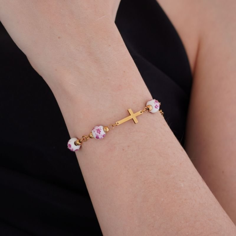 Pulseira Nossa Senhora e Cruz com Detalhe em Aço Inox (Linha Premium)