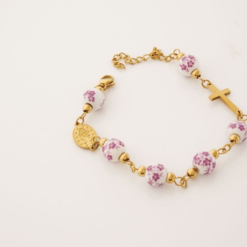 Pulseira Nossa Senhora e Cruz com Detalhe em Aço Inox (Linha Premium)
