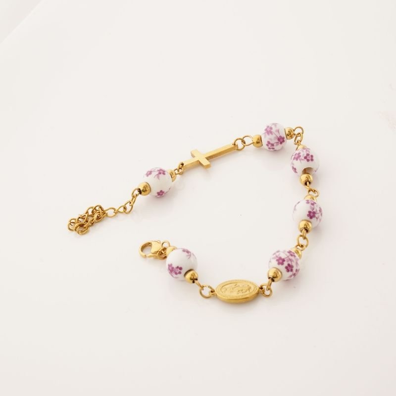 Pulseira Nossa Senhora e Cruz com Detalhe em Aço Inox (Linha Premium)