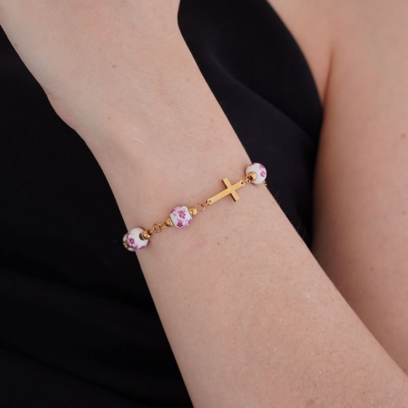 Pulseira Nossa Senhora e Cruz com Detalhe em Aço Inox (Linha Premium)