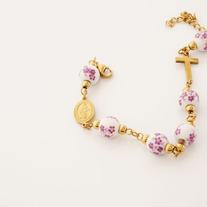Pulseira Nossa Senhora e Cruz com Detalhe em Aço Inox (Linha Premium)