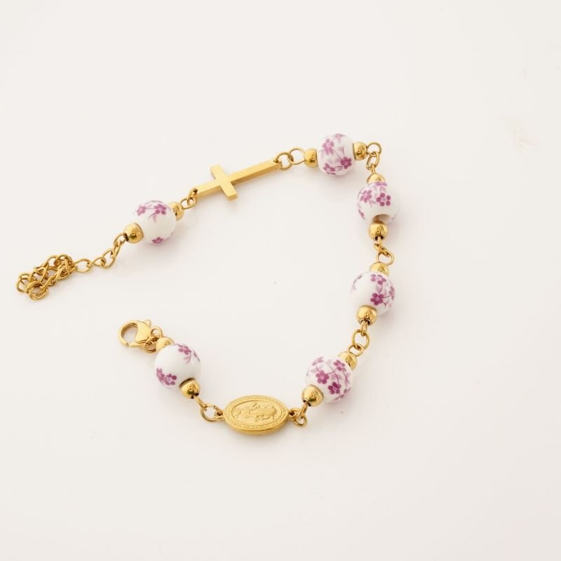 Pulseira Nossa Senhora e Cruz com Detalhe em Aço Inox (Linha Premium)