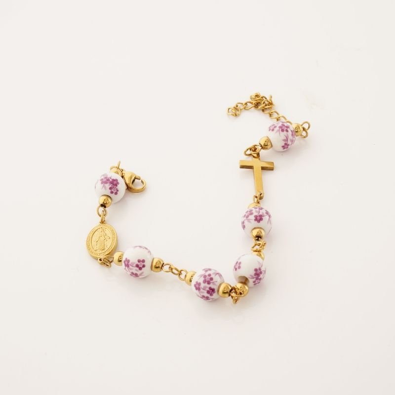 Pulseira Nossa Senhora e Cruz com Detalhe em Aço Inox (Linha Premium)