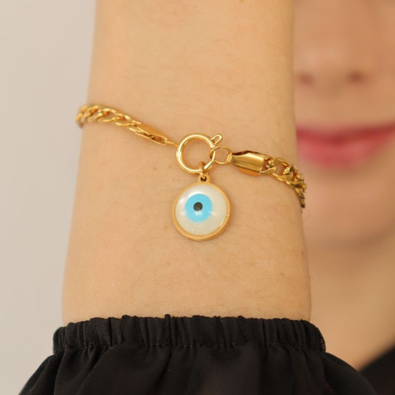 Pulseira Olho Grego em Aço Inox (Linha Premium) Fecho Bóia