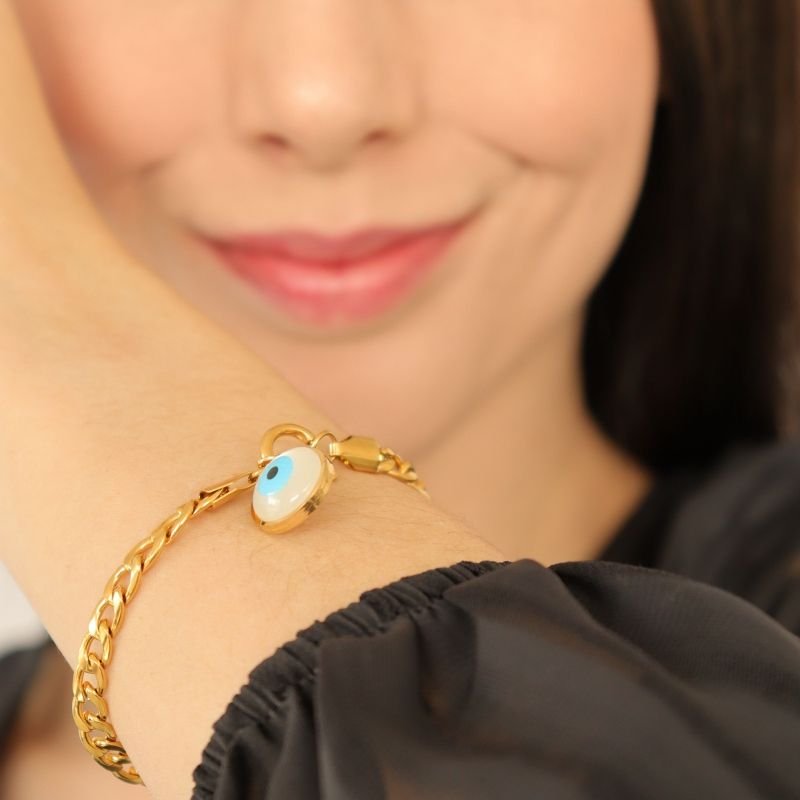 Pulseira Olho Grego em Aço Inox (Linha Premium) Fecho Bóia