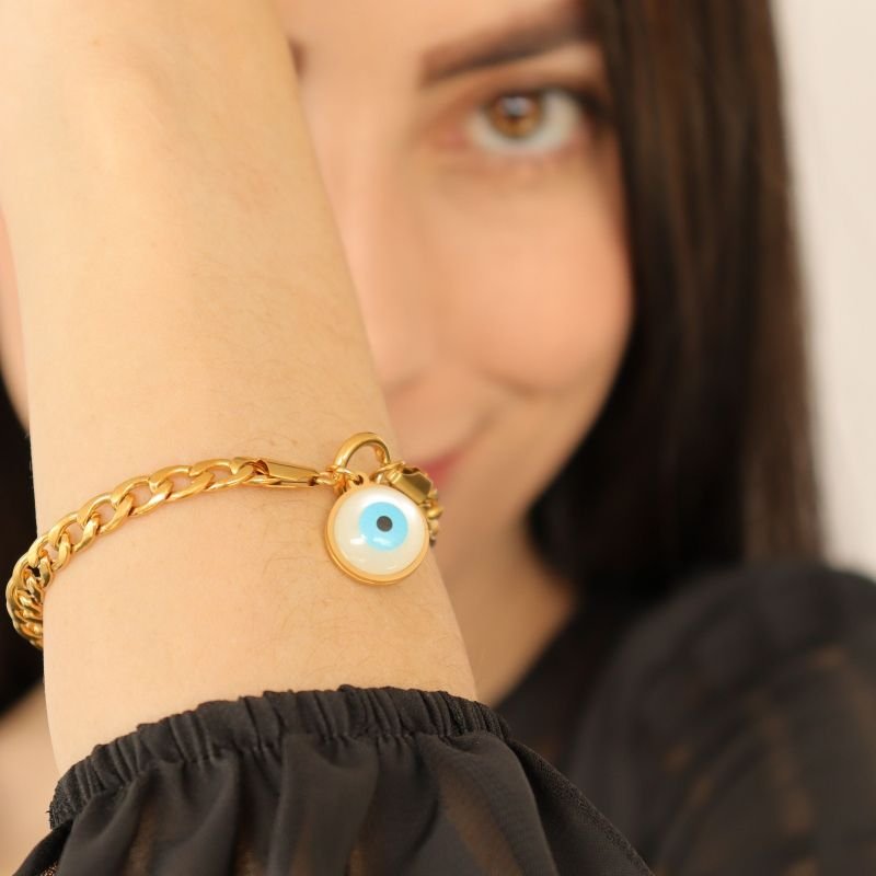 Pulseira Olho Grego em Aço Inox (Linha Premium) Fecho Bóia