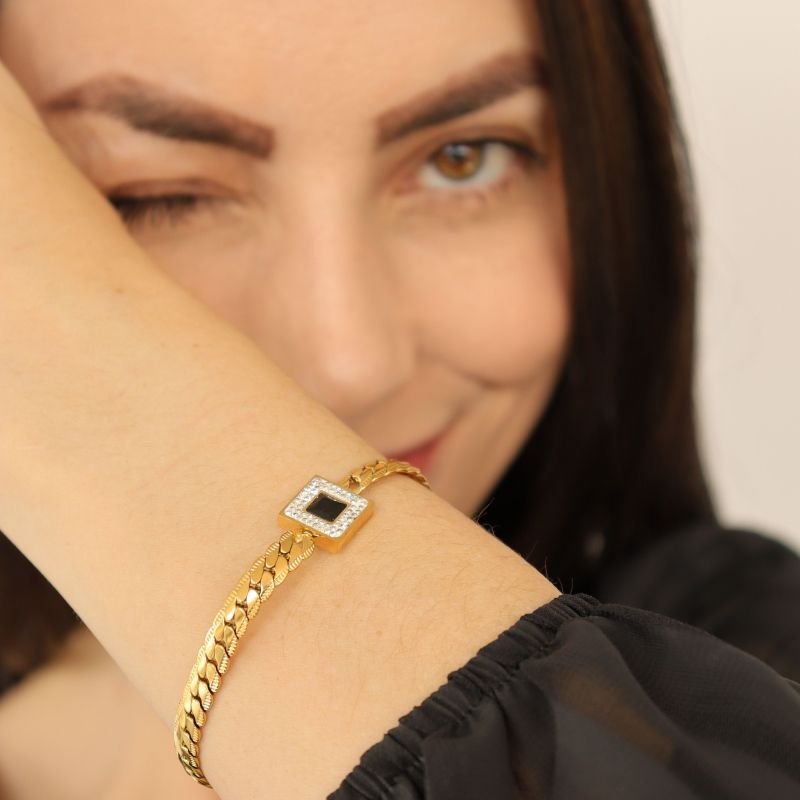 Pulseira Pingente Cravejado em Aço Inox (Linha Premium)