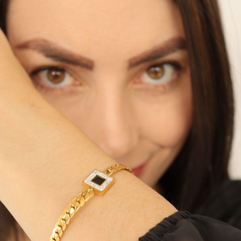 Pulseira Pingente Cravejado em Aço Inox (Linha Premium)