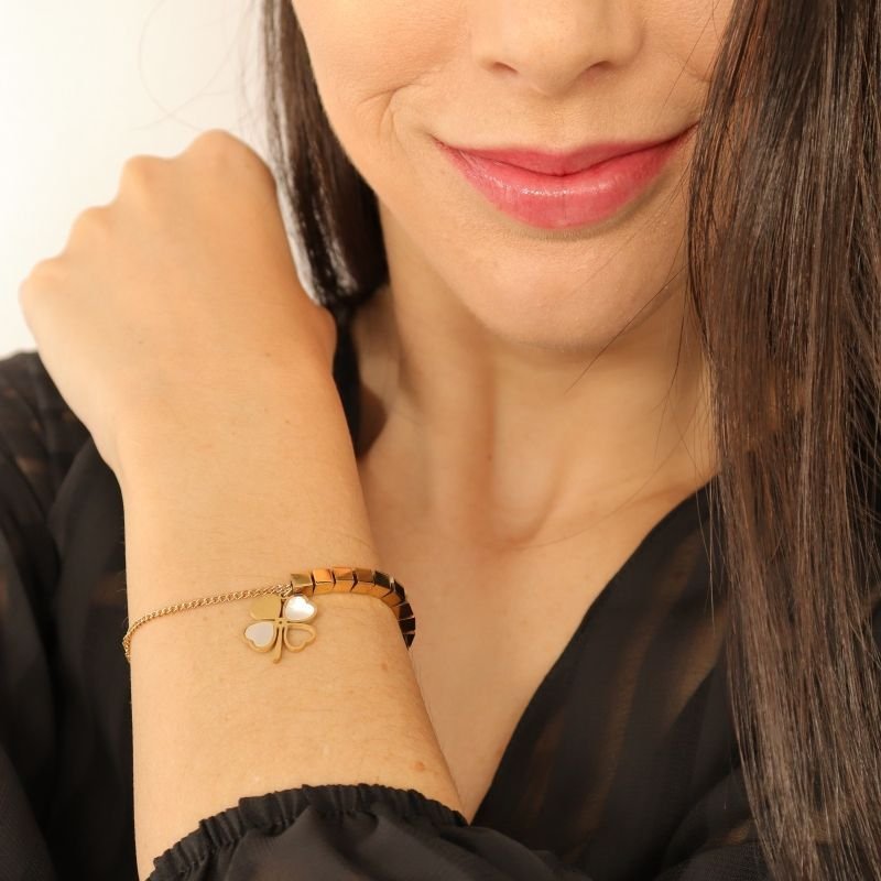 Pulseira Trevo com Detalhe em Aço Inox (Linha Premium)