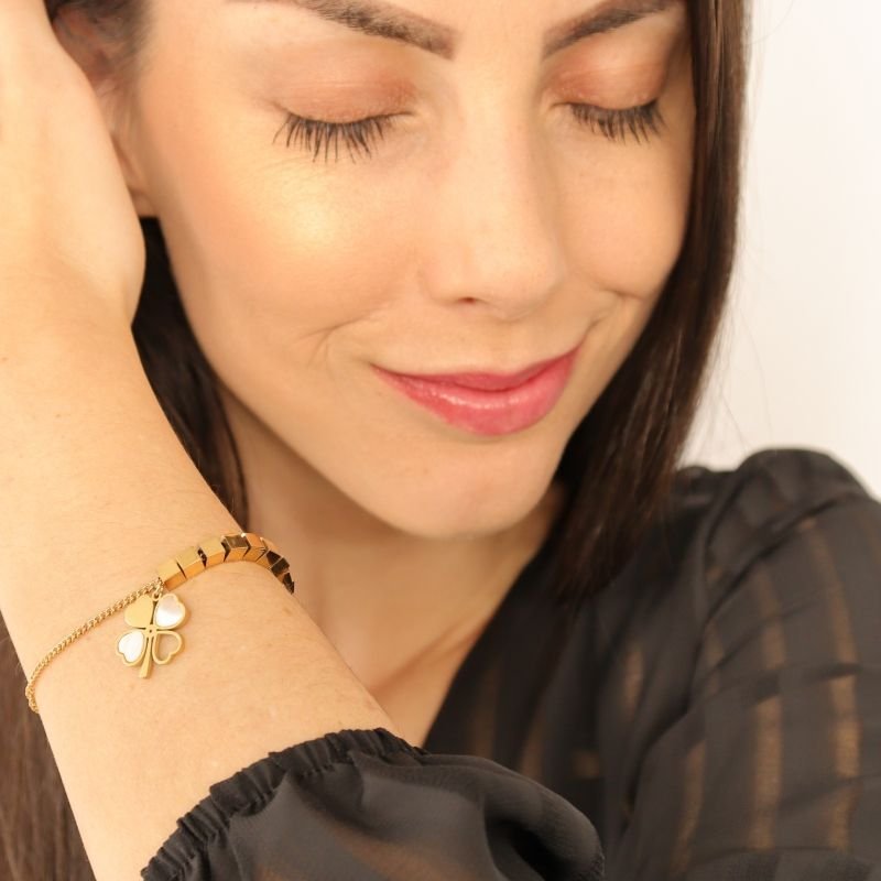 Pulseira Trevo com Detalhe em Aço Inox (Linha Premium)