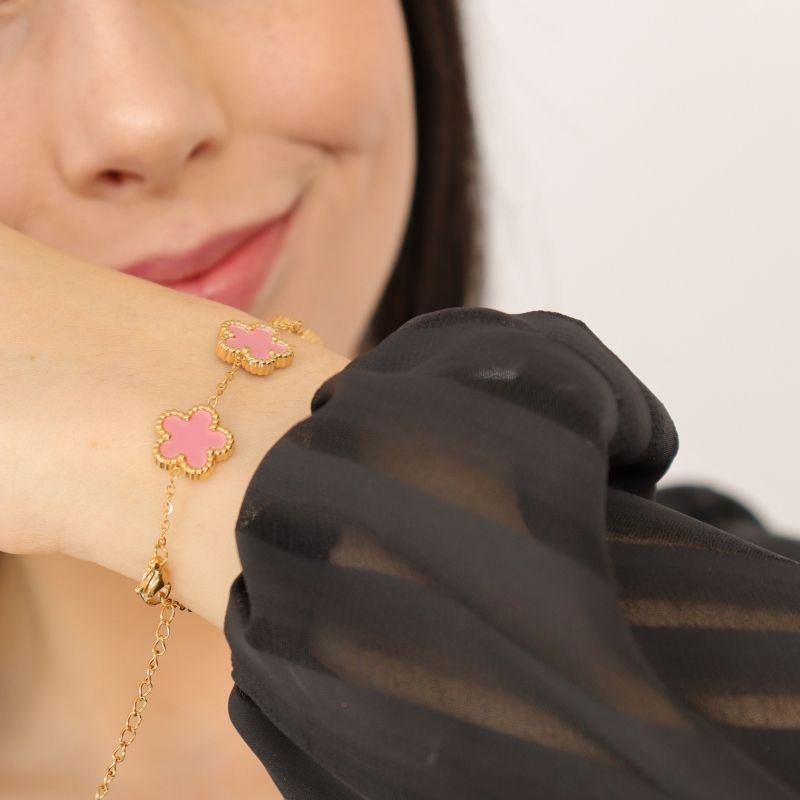 Pulseira Trevo Rosa em Aço Inox (Linha Premium)