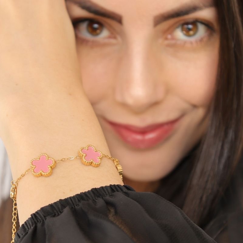 Pulseira Trevo Rosa em Aço Inox (Linha Premium)