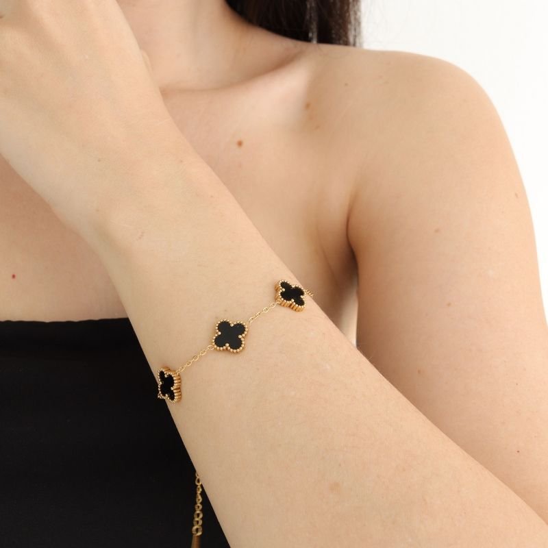 Pulseira Inspiração Van Cleef Clover Maior Black em Aço Inox